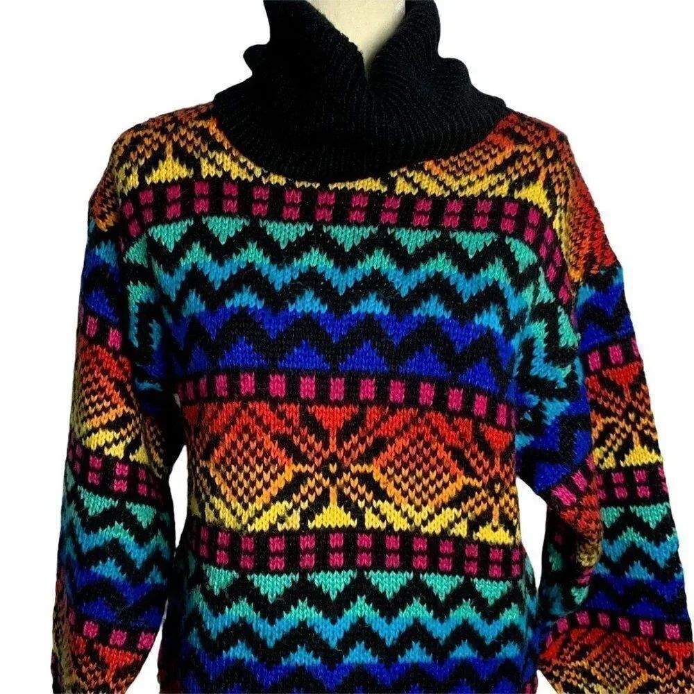 Vintage Pullover Turtleneck Ski Sweater M Rainbow